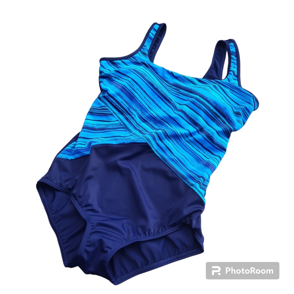 Lands' End Swim Slimming Asymmetric Stripe Padded Bra Top Wireless One Piece 12P - Picture 7 of 11